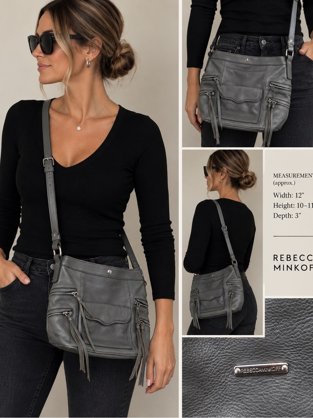 Rebecca Minkoff Gray Leather Dexter Moto Style Tassel Crossbody Bag